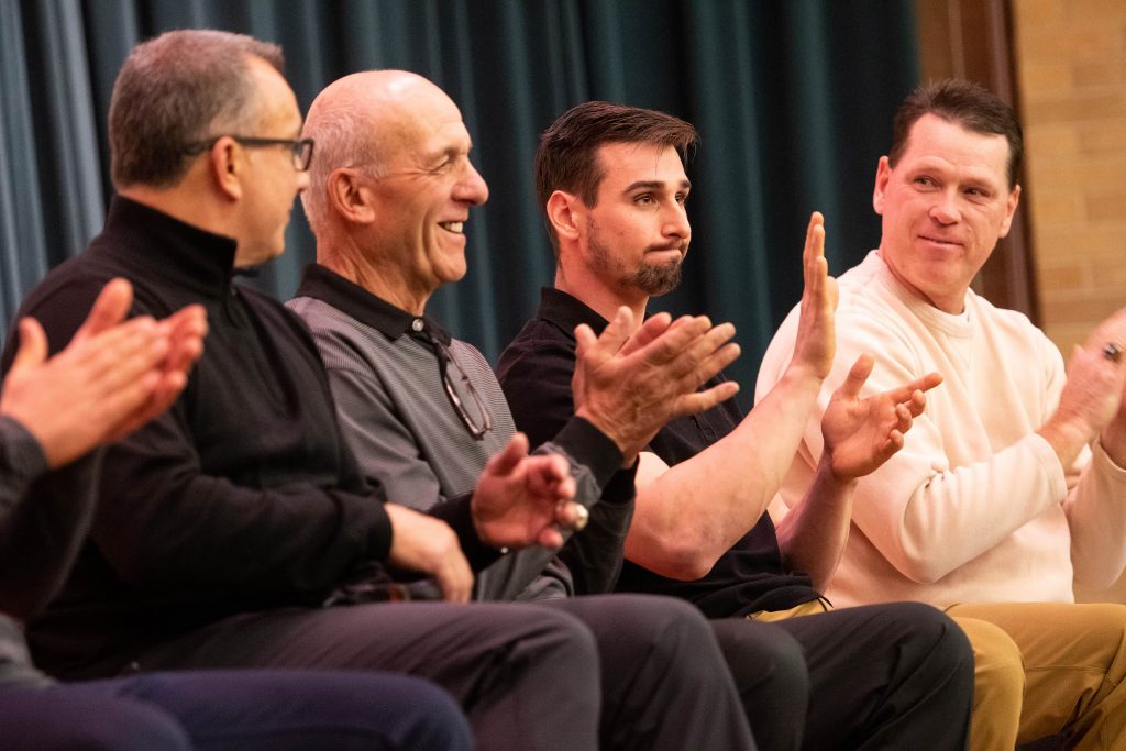 Tim Locastro, waving, an Auburn native and utility player for the Arizona Diamondbacks, is introduced prior to the start of a panel discussion on the state of baseball on Nov. 11, 2019 at Falk College.