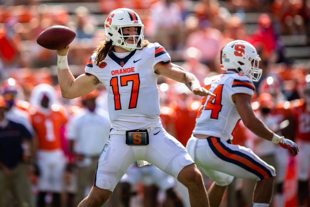 Syracuse quarterback Rex Culpepper (17) throws a pass during their game at Clemson, Oct 24, 2020; Clemson, South Carolina, USA; at Memorial Stadium. Mandatory Credit: Ken Ruinard-USA TODAY Sports