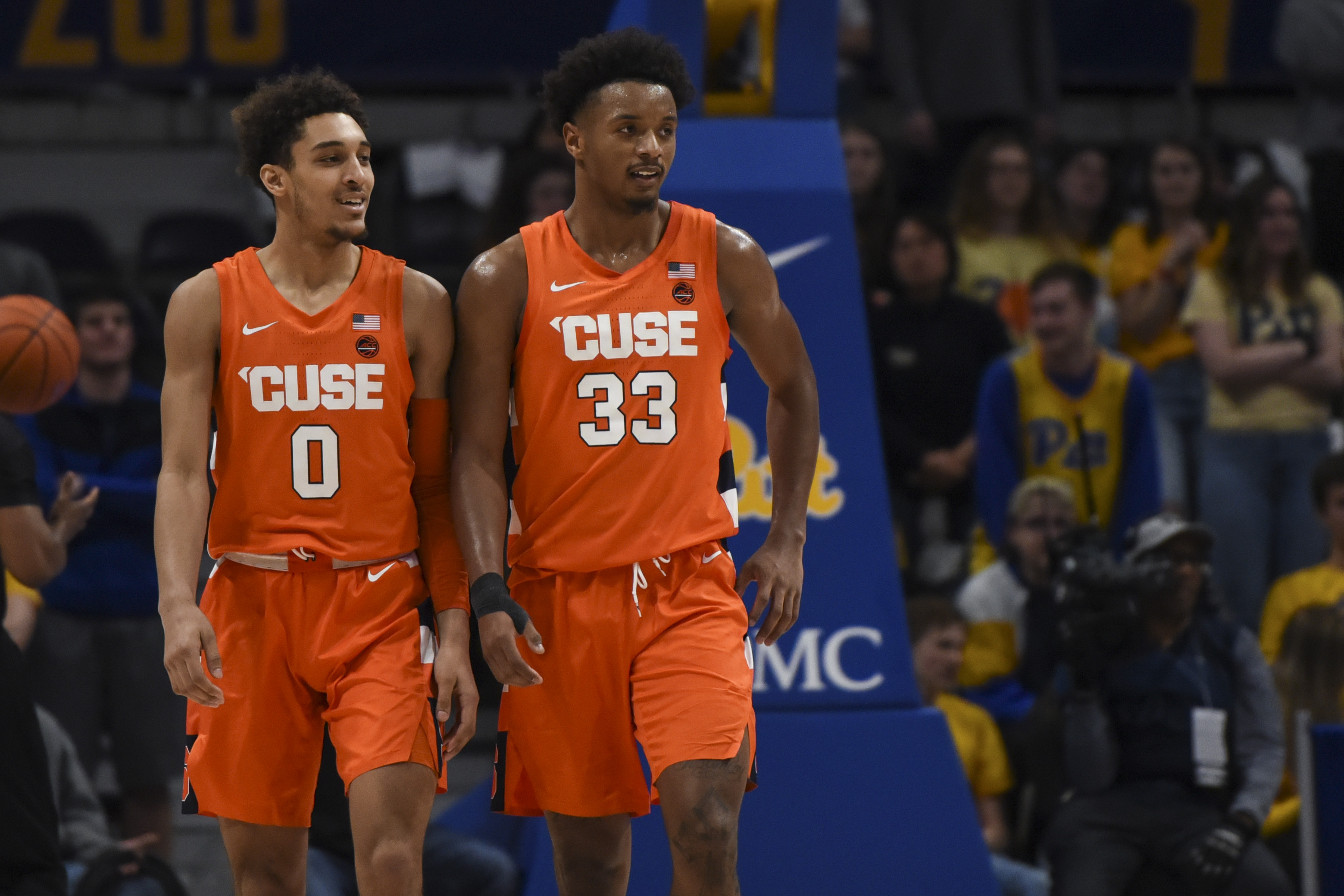 Brycen Goodine and Elijah Hughes make their way up the court vs. Pitt on Wednesday, Feb. 26, 2020.