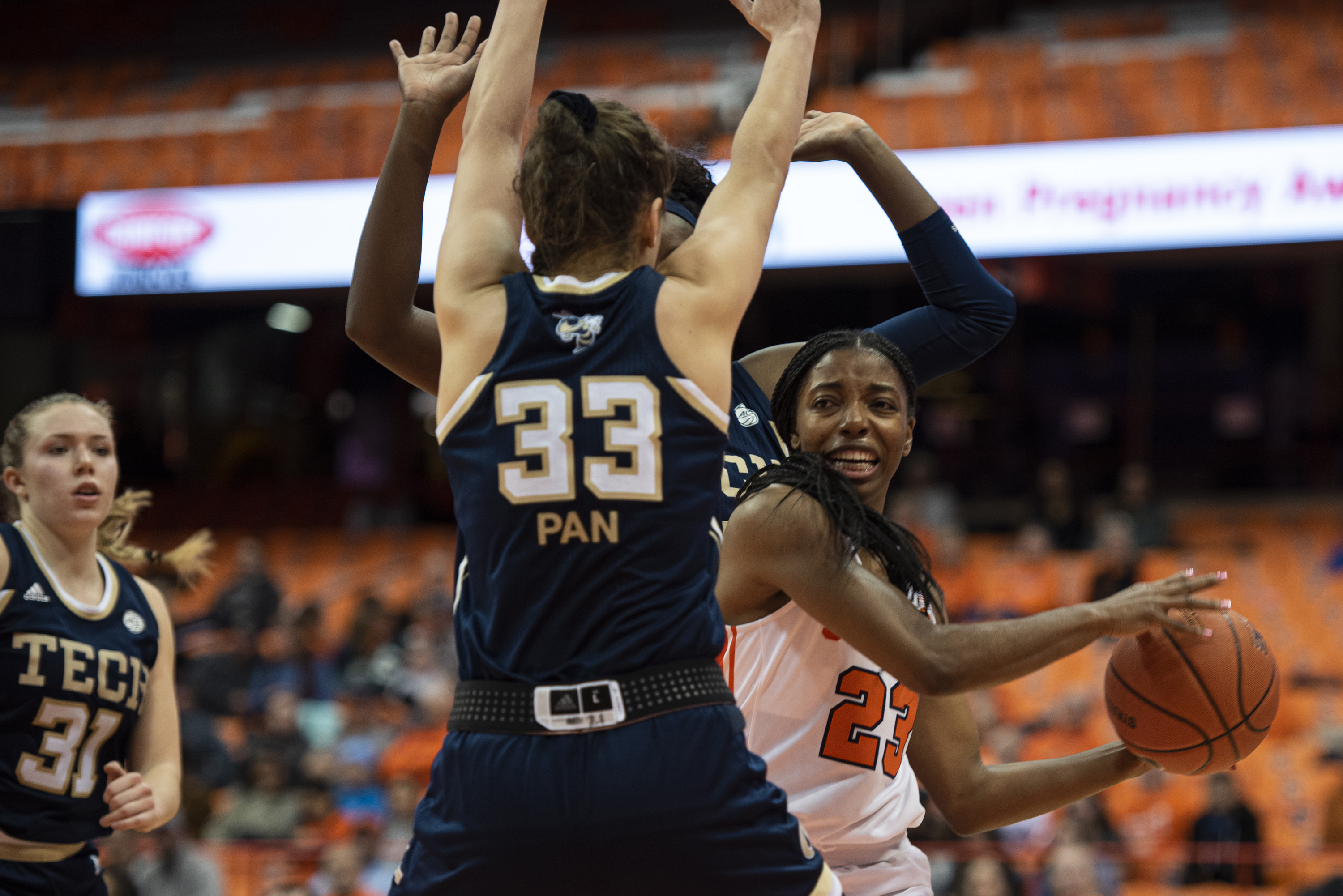 Syracuse guard Kiara Lewis looks for an open teammate during Thursday’s home game against Georgia Tech.