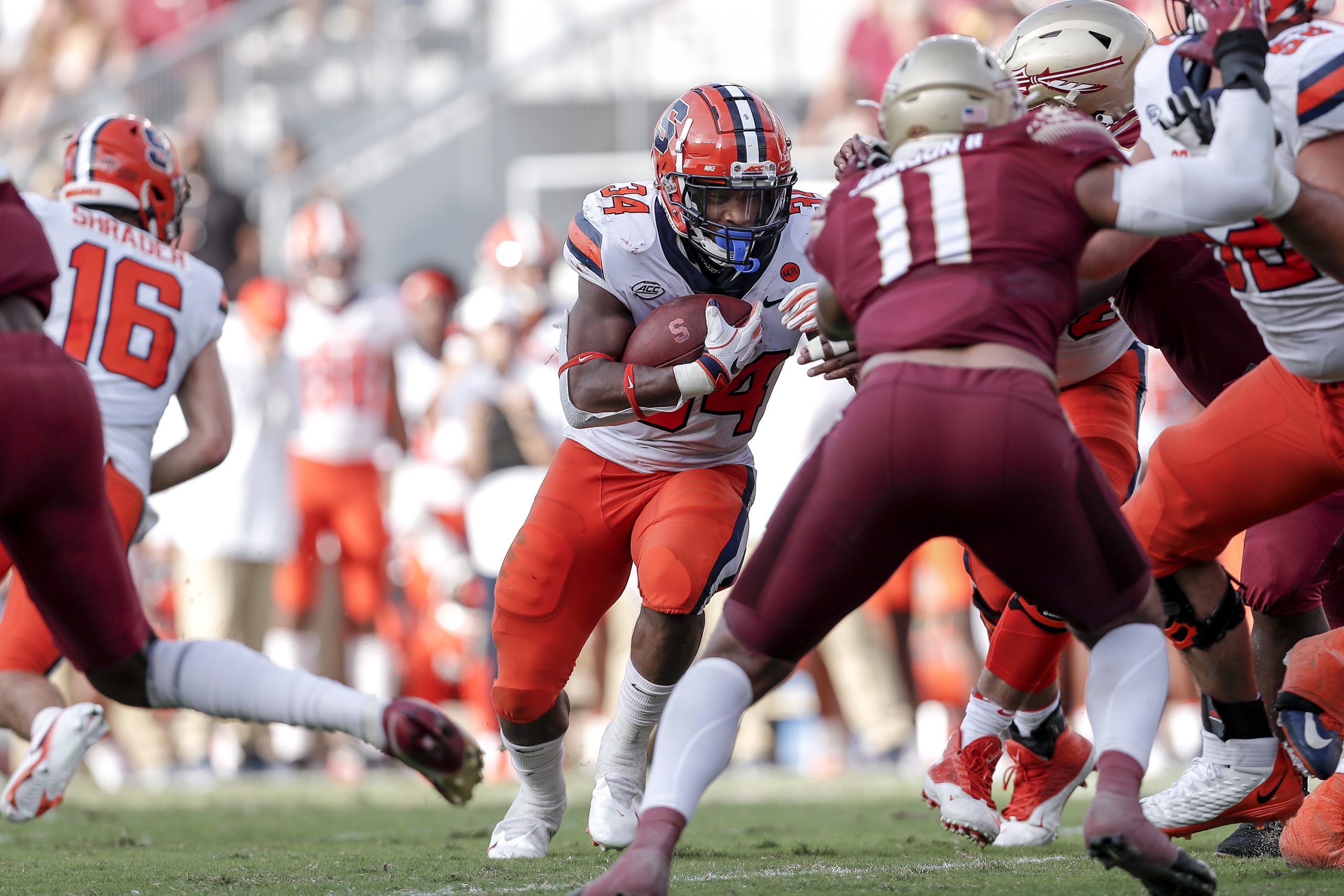 TALLAHASSEE, FL - OCTOBER 2: During the game with the Florida State Seminoles playing against the Syracuse Orange at Doak Campbell Stadium on Bobby Bowden Field on October 2, 2021 in Tallahassee, Florida. The Seminoles defeated the Orange 33 to 30. (Photo by Don Juan Moore/Character Lines)