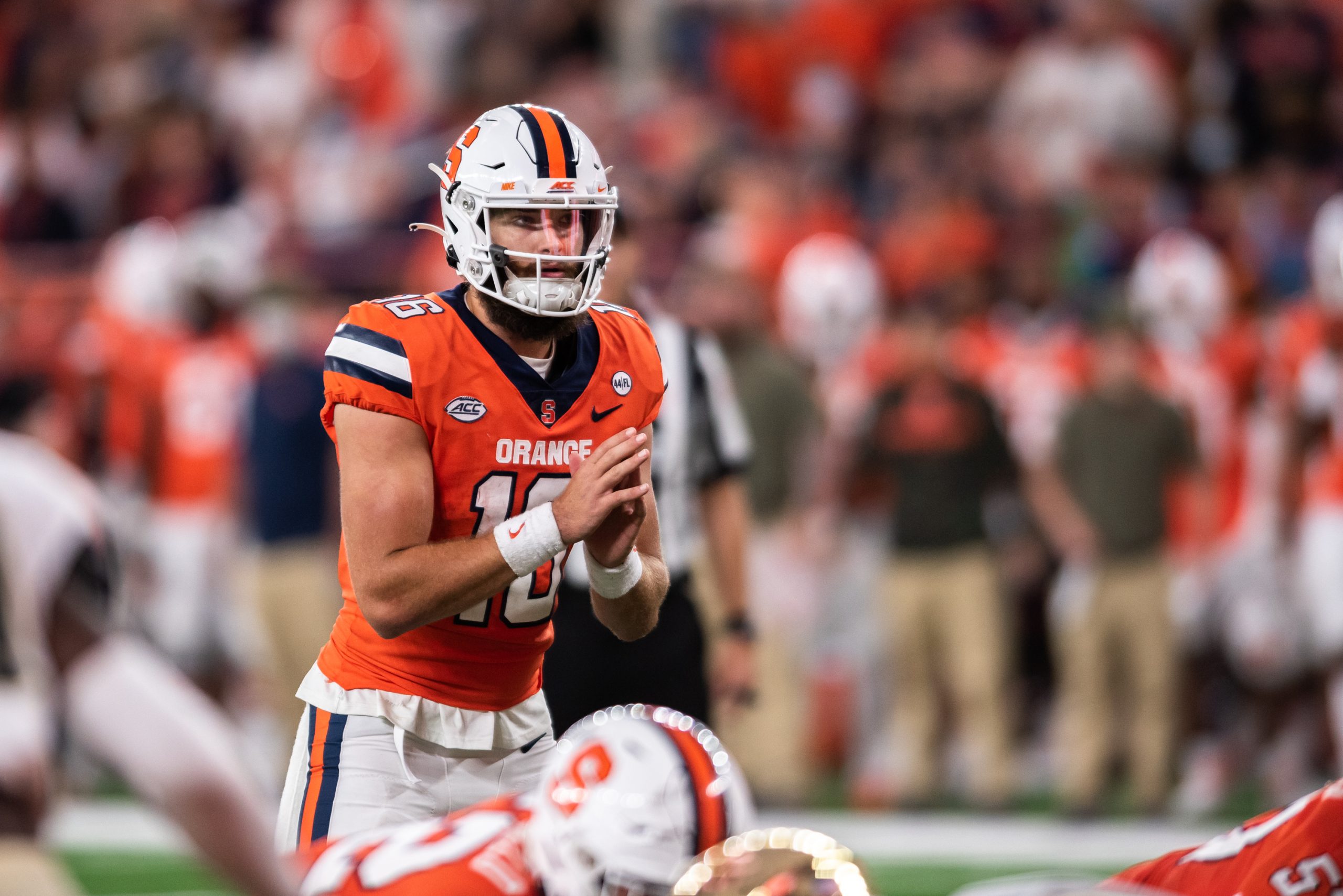 Football Game Syracuse University vs Wake Forest, October 9, 2021. Garrett Shrader ready to catch the ball.