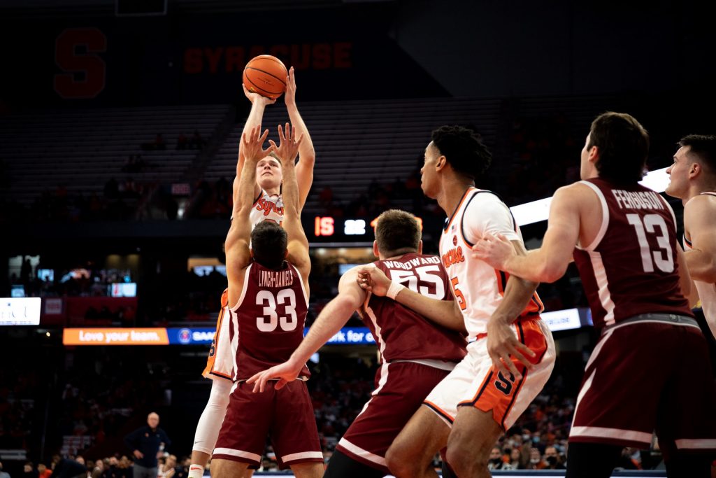Buddy Boeheim shoots over Colgate defenders in the Orange's Nov. 20, 2021, loss in the Dome.