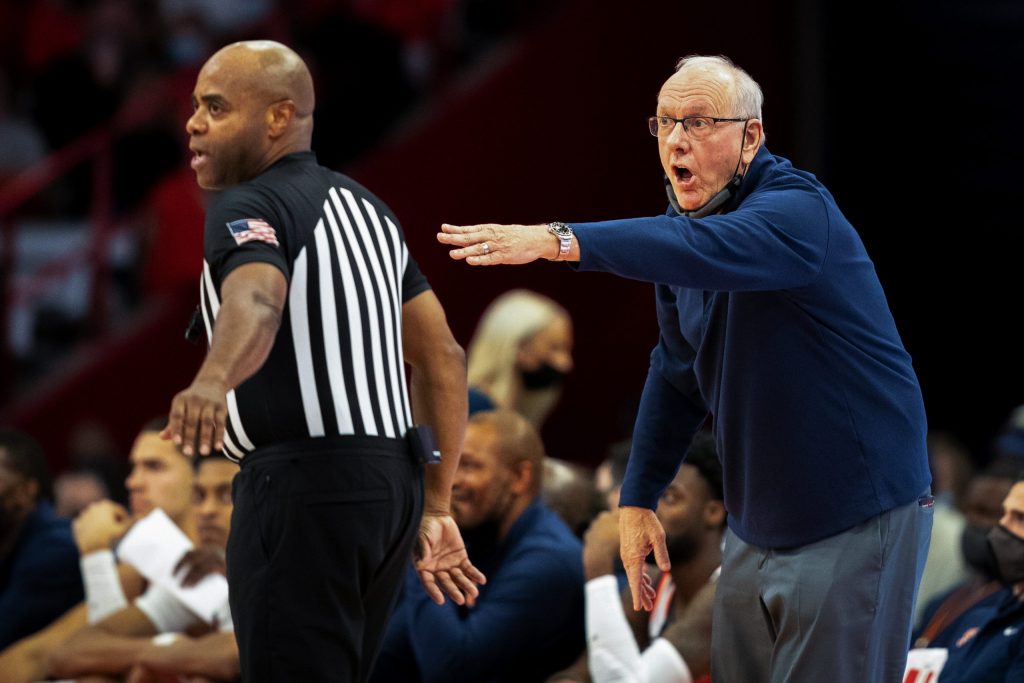 Coach Jim Boeheim challenges a call in the Orange's Nov. 20, 2021, loss in the Dome.