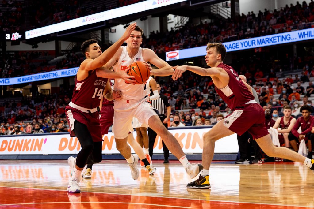 Jimmy Boeheim drives through Leopards' defenders on his way to two of his 18 points during Syracuse's 97-63 win over the Lafayette Leopards on Nov. 9, 2021 in the Dome.