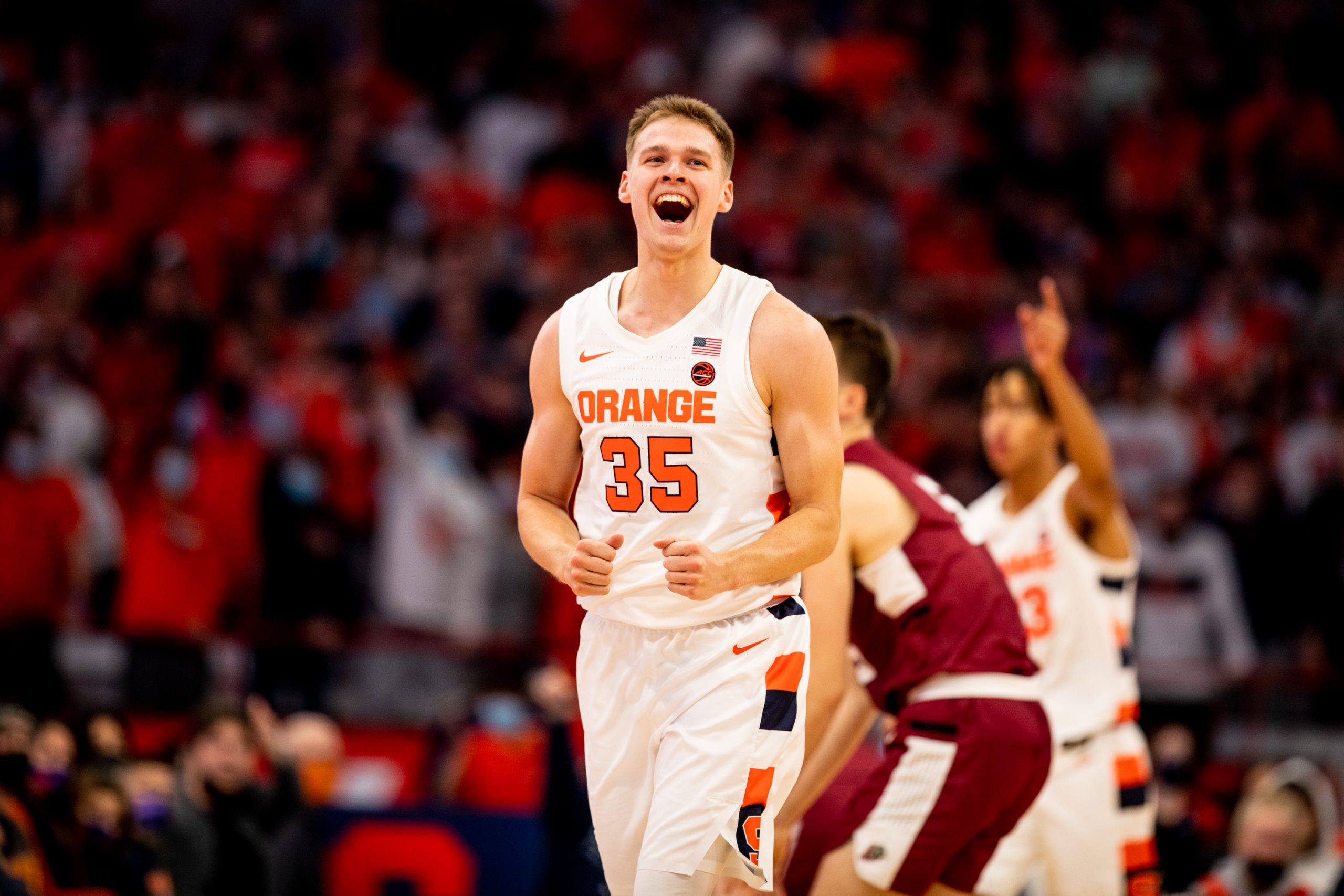 SU guard Buddy Boeheim celebrates during Syracuse's rout of Lafayette on Tuesday night at the Dome.