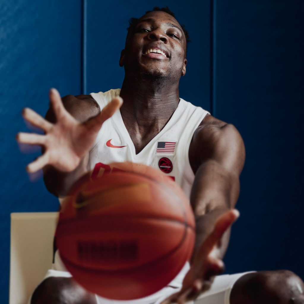 Bourama Sidibe, a graduate student, poses for a portrait during the men's basketball media day on October 22nd, 2021.
