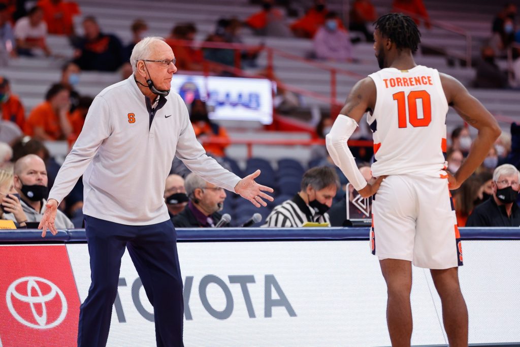 Syracuse University Head Coach Jim Boeheim gestures towards Symir Torrence during a Men's Basketball exhibition game against Pace University on October 27, 2021.