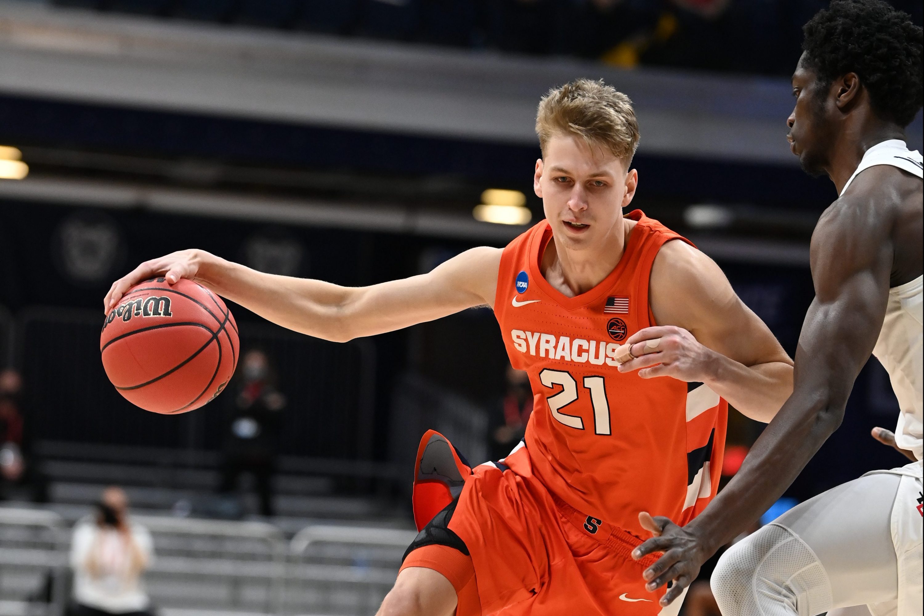 INDIANAPOLIS, IN - MARCH 19: The Syracuse Orange takes on the San Diego State Aztecs in the first round of the 2021 NCAA Division I MenÕs Basketball Tournament held at Hinkle Fieldhouse on March 19, 2021 in Indianapolis, Indiana. (Photo by Brett Wilhelm/NCAA Photos via Getty Images)