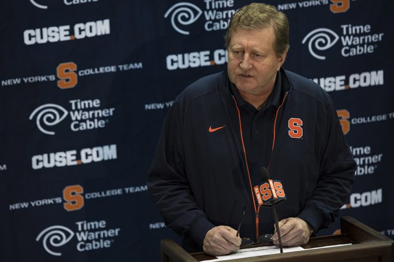 Syracuse University men's lacrosse head coach John Desko speaks during the 2016 Media Day January 11, 2016, at Manley Field House. (photo by Russ Scalf)