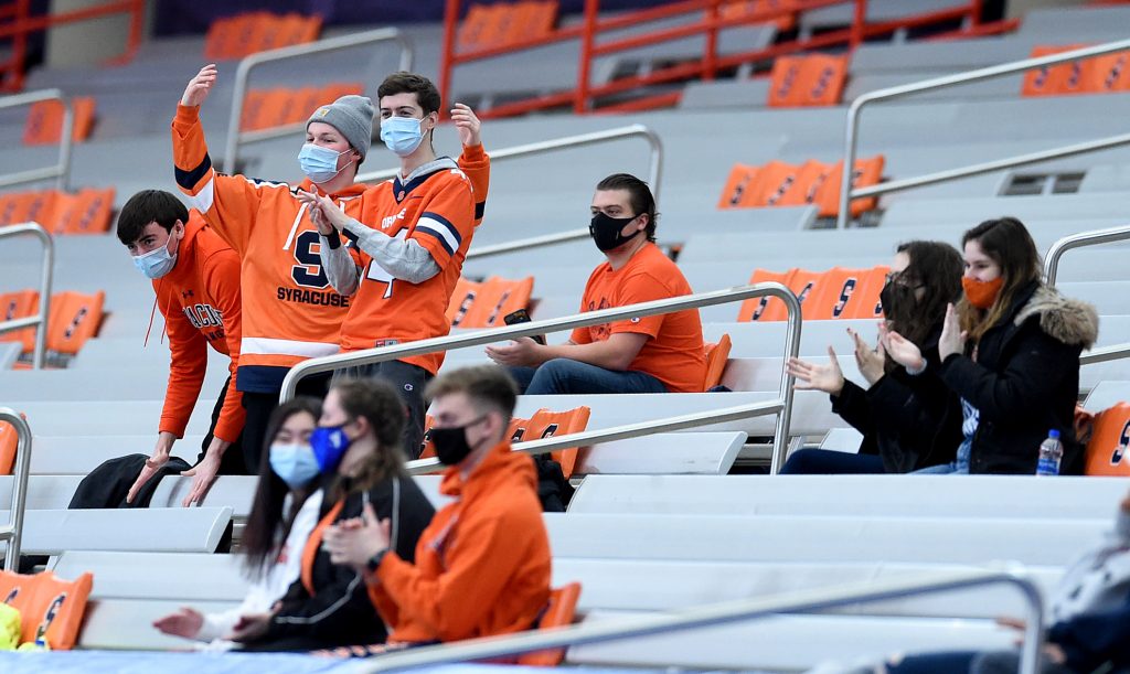 Syracuse students in the Carrier Dome for the first time in over a year cheer on the Orange as they enter the field. The Syracuse Orange lacrosse team take on Vermont at the Carrier Dome.