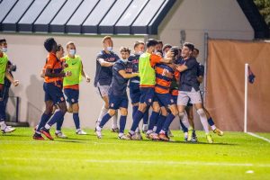 Syracuse Men's Soccer team celebrates after one of their seven goals they scored against Binghamton on September 14th, 2021.