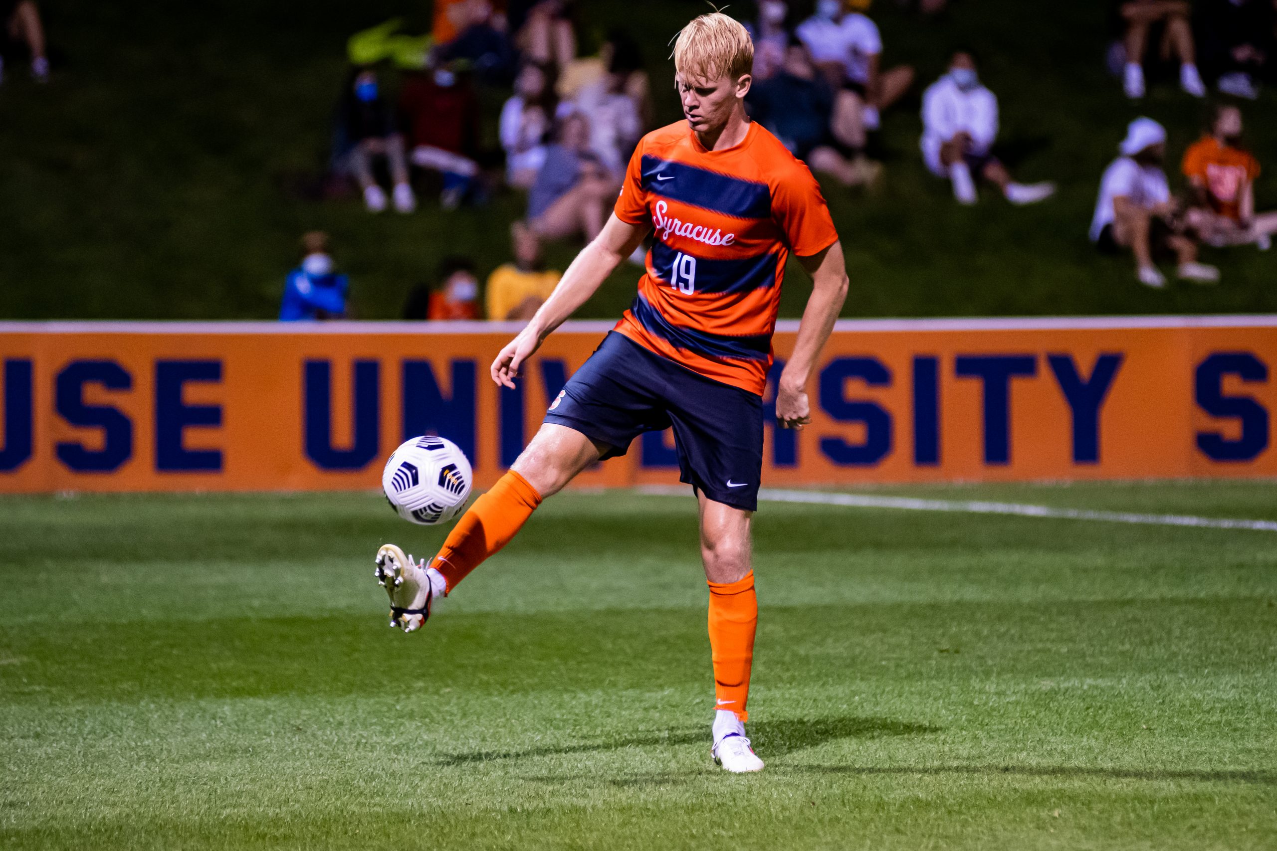 Syracuse's Buster Sjoberg (19) settles down a ball in the midfield during a men's Soccer vs. Louisville Cardinals on Sept. 17, 2021 at SU Soccer Stadium.