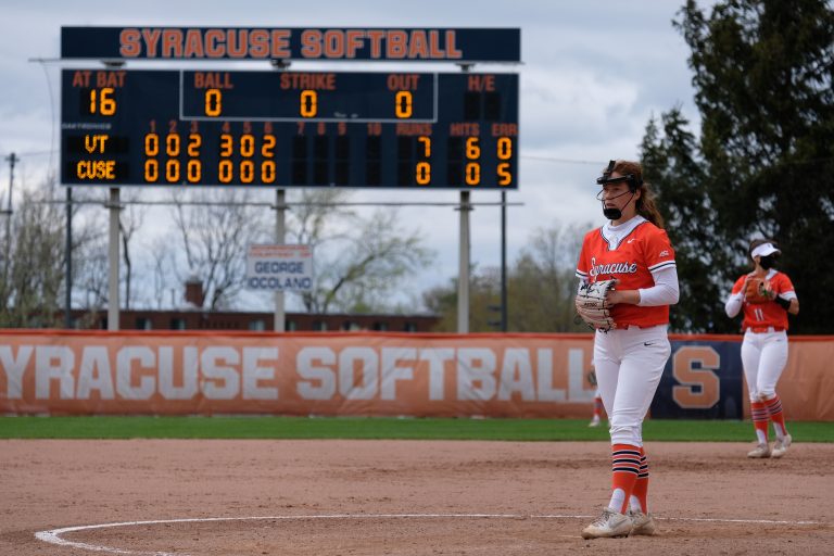 The Syracuse University softball team lost to No. 20 Virginia Tech 8-0 at the Skytop Softball Stadium in Syracuse, New York, Friday, Apr. 30, 2021.