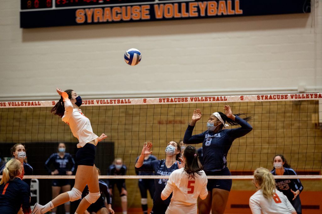 SU's Elena Karakasi (5) spikes during the March 5, 2021 game against UNC in the Women's Building in Syracuse, NY.