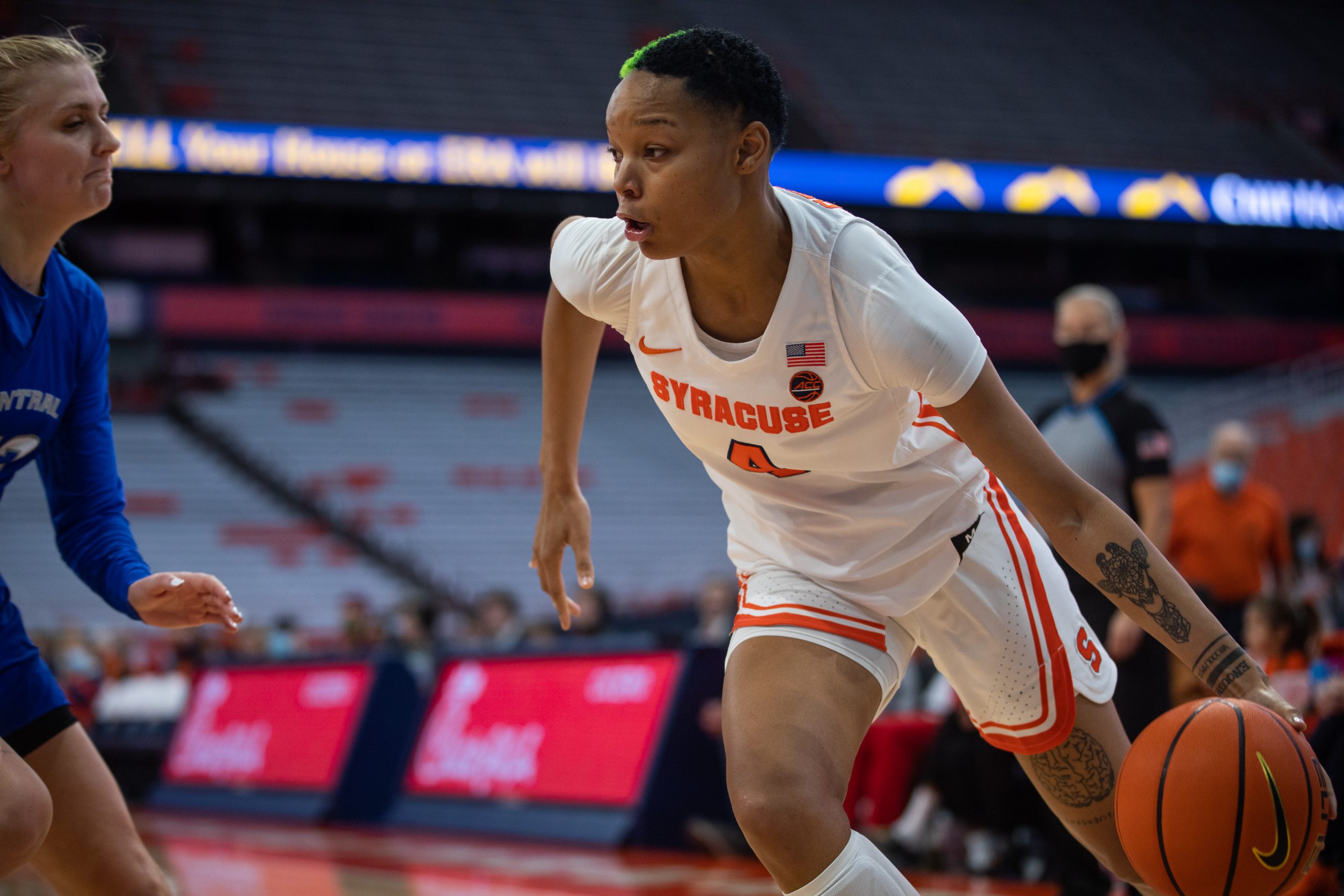 Alaysia Styles looks to drive past a would-be Blue Devil defender on Sunday.