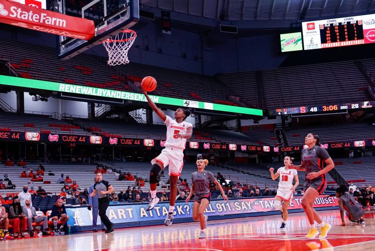 SU womens basketball vs Morgan State at SU Carrier Dome, November 17, 2021. Teisha Hyman scoring a two point layup. Capitalizing on the overturned ball on the other half of the court moments before.