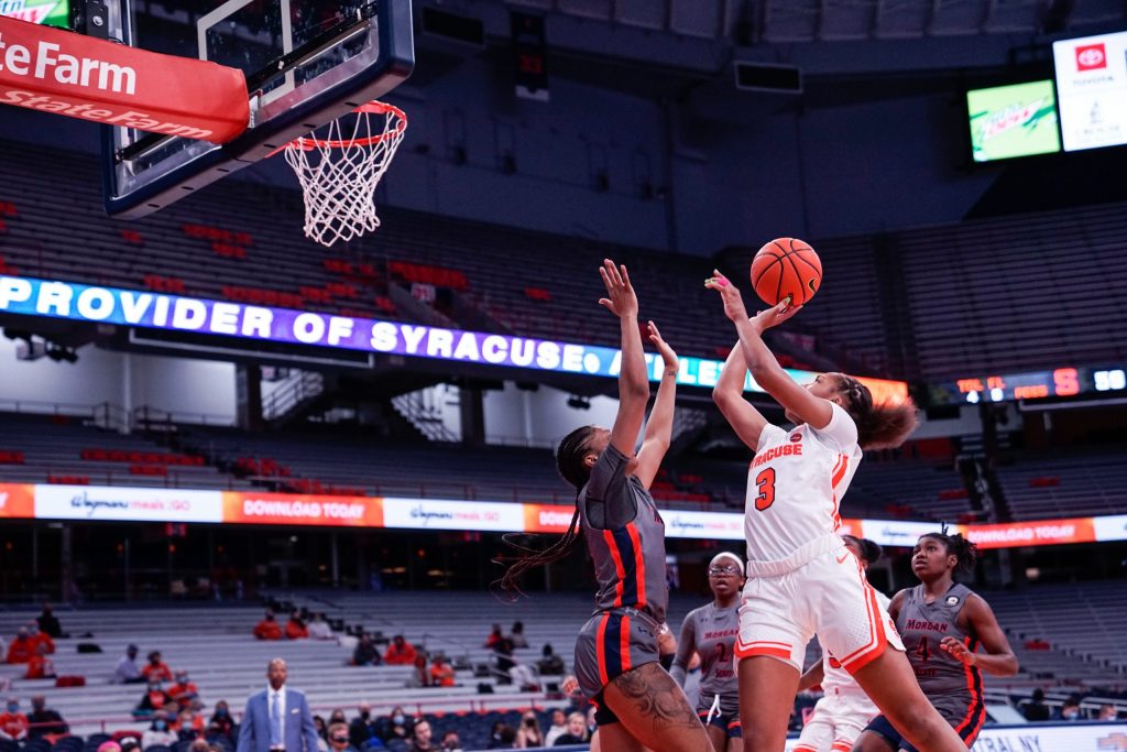 SU womens basketball vs Morgan State at SU Carrier Dome, November 17, 2021. Nyah Wilson attempts a competitive two point break away shot.