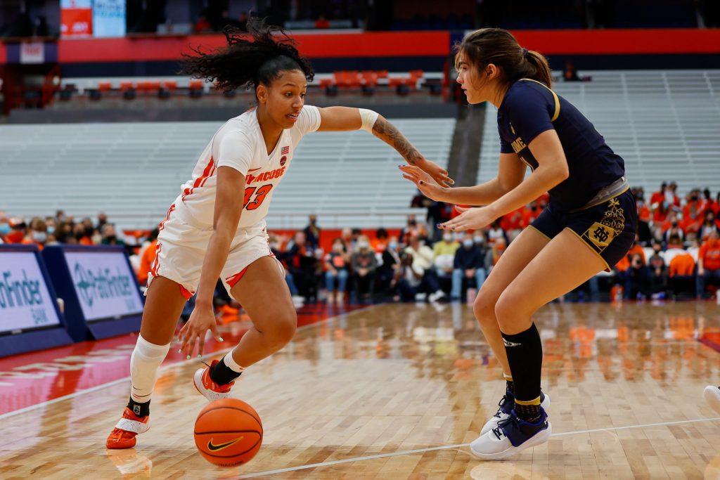 Syracuse's Christiana Carr makes a drive for the basket during a Women's Basketball game against Notre Dame at the Carrier Dome on November 14, 2021