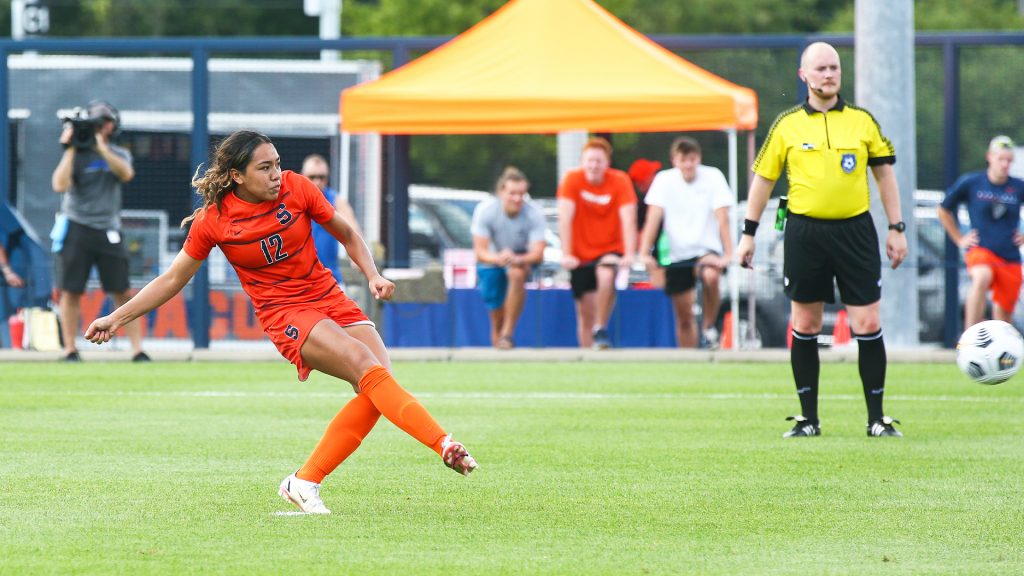 Syracuse Women's Soccer senior midfielder Telly Vunipola takes a penalty kick during the season opener versus Fairleigh Dickinson on August 22, 2021.