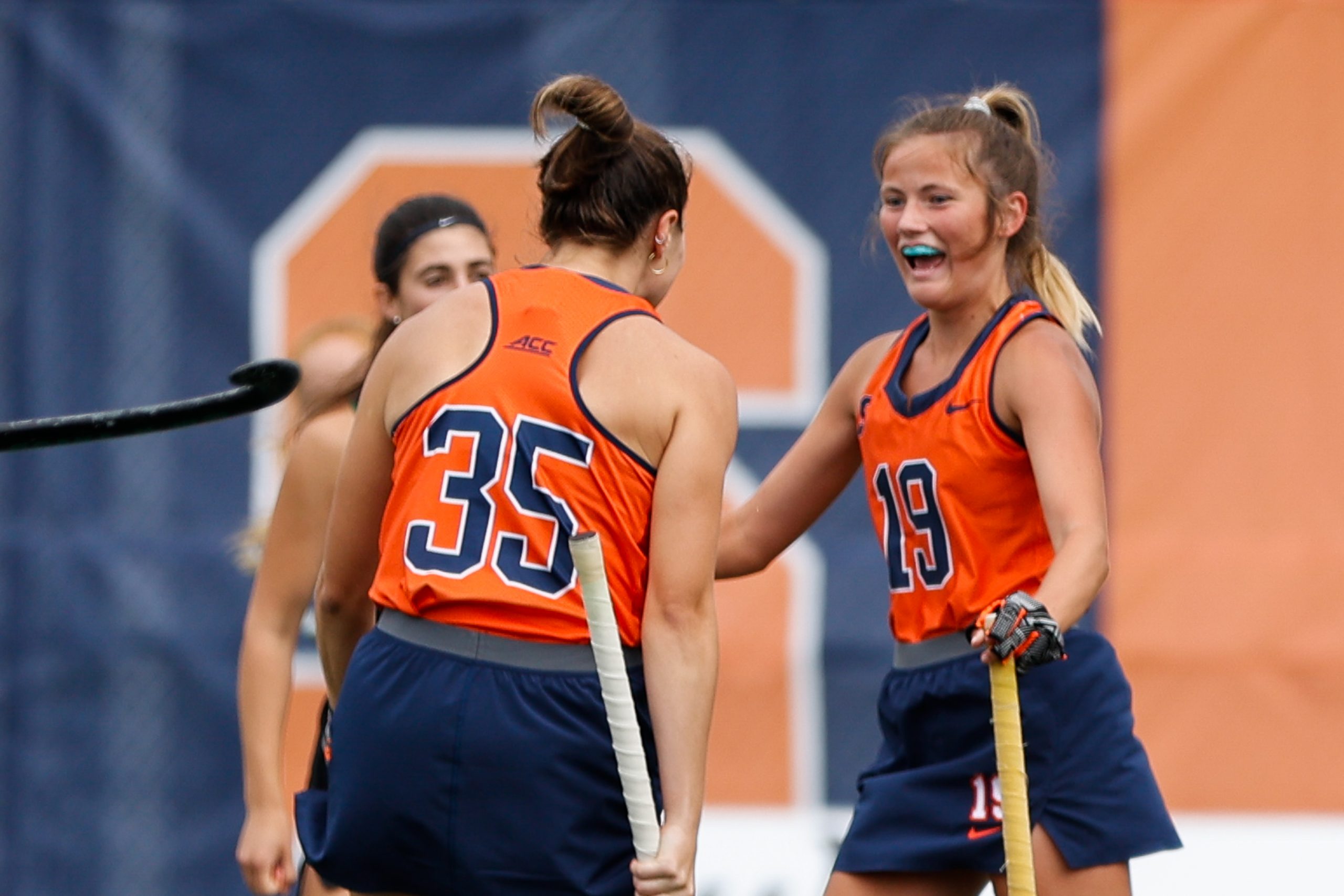 SYRACUSE, NY - SEPTEMBER 25: Lana Hamilton #19 of Syracuse Orange celebrates the first goal with Clodagh Ferry #35 of Syracuse Orange against the Dartmouth Big Green at J.S. Coyne Stadium on September 25, 2022 in Syracuse, New York. (Photo by Isaiah Vazquez)