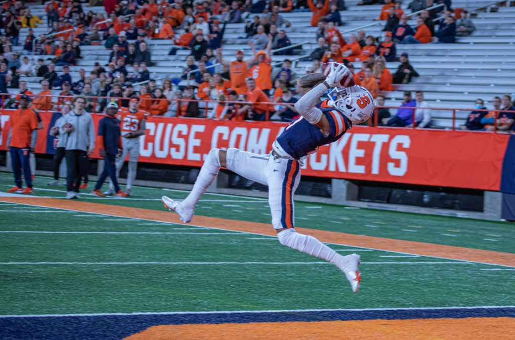 Syracuse University football had their spring football game that took plaace on 4/1/22 at 7:00 pm. Who is pictured is unknown. Taken by Trent Kaplan