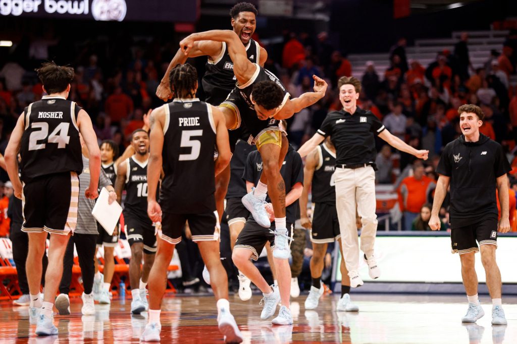 Bryant celebrates a dramatic win over Syracuse.