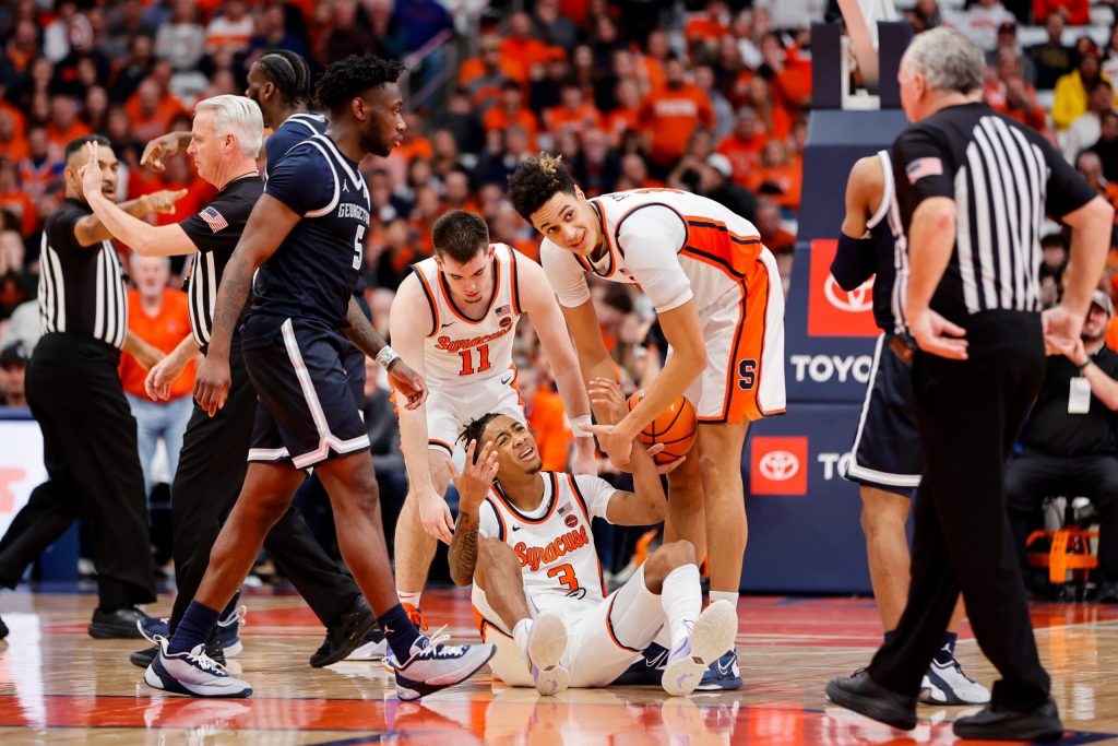 udah Mintz #3 of the Syracuse Orange reacts to a call during the second half against Georgetown Hoyas at JMA Wireless Dome on December 10, 2022 in Syracuse, New York.