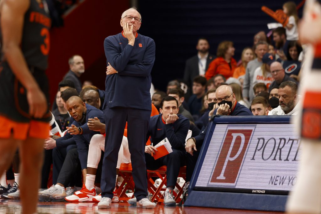 Syracuse coach Jim Boeheim looks on during the game as the Orange trail by three points.