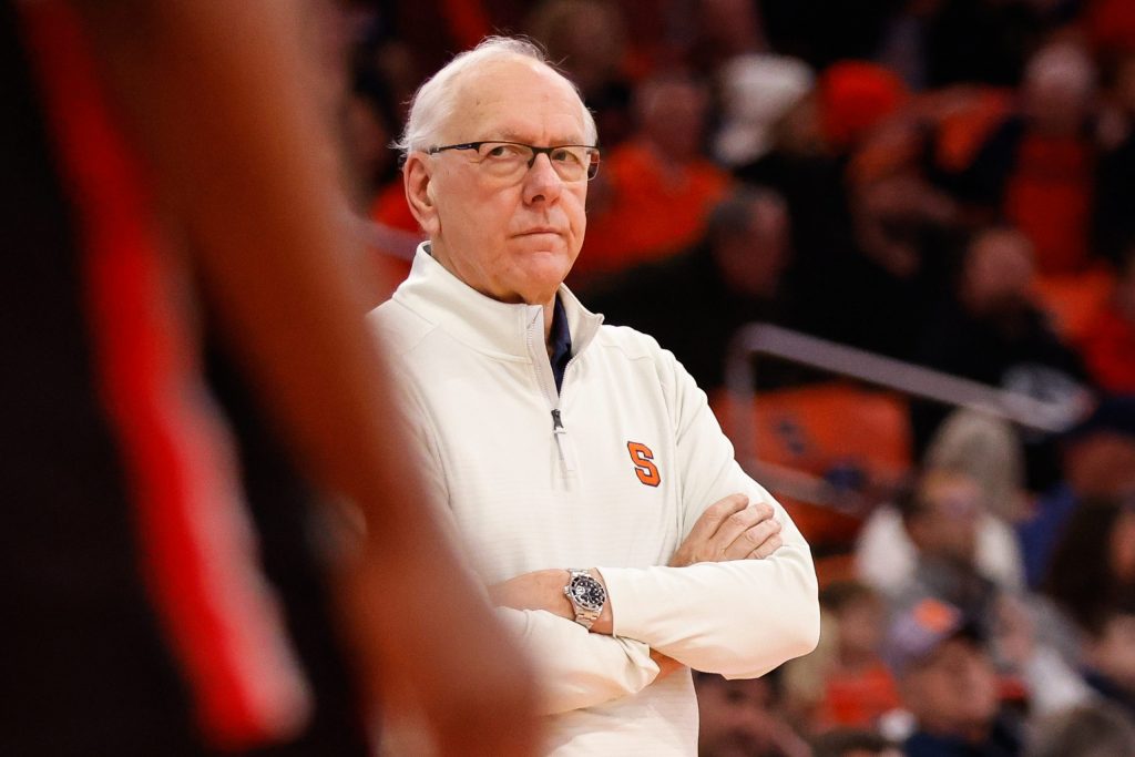 Syracuse coach Jim Boeheim looks on as the Orange takes on Northeastern.