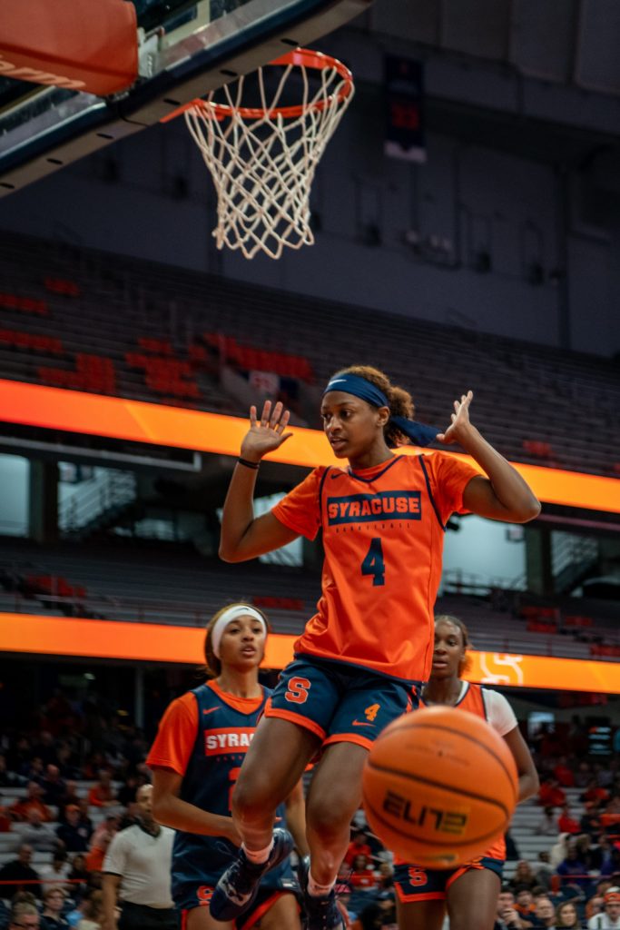 Redshirt junior, Teisha Hyman, after making a layup during the women's basketball scrimmage, at the Orange Tip Off fan event. Photo by Ryan Brady. 10/14/22