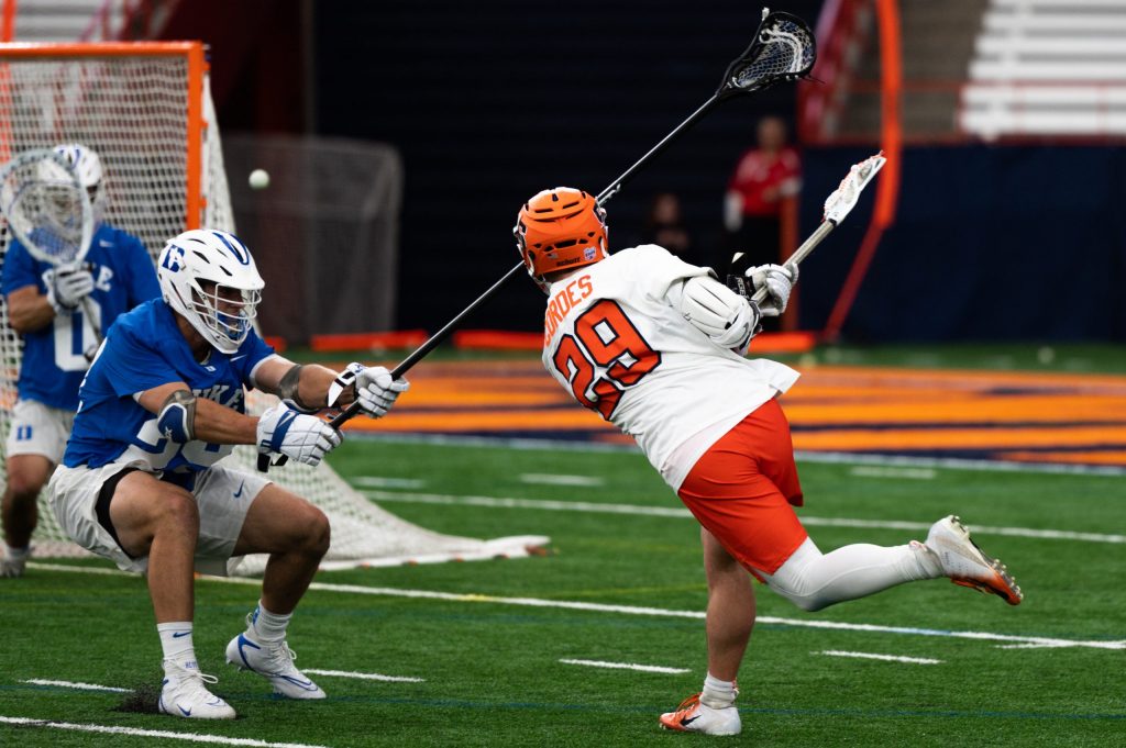 Tyler Cordes (No.29) shoots toward goal in SU's victory over Duke on March 26th, 2022.