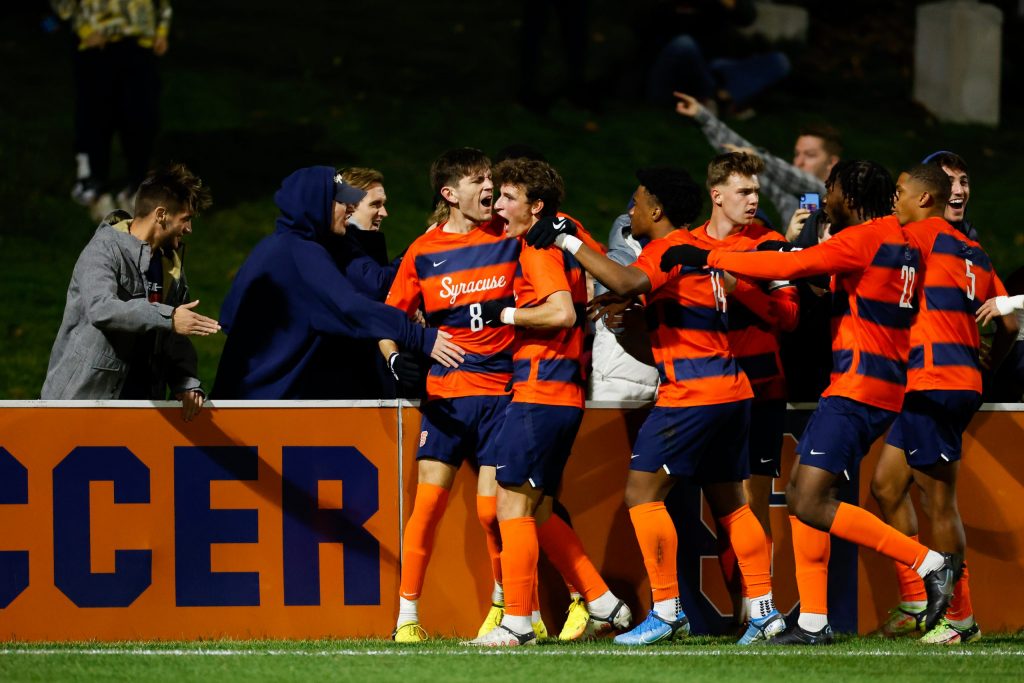 SYRACUSE, NY - NOVEMBER 9: The Syracuse Orange celebrate after scoring the first goal against the Virginia Cavaliers during the ACC Semifinal at SU Soccer Stadium on November 9, 2022 in Syracuse, New York. (Photo by Isaiah Vazquez/The Newshouse)