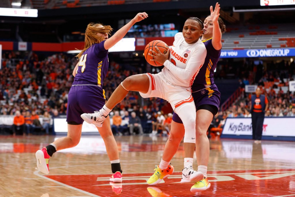 Syracuse's Dyaisha Fair (2) charges through Albany defense toward the basket during a women's basketball game on Tuesday, December 20, 2022, at JMA Wireless Dome.