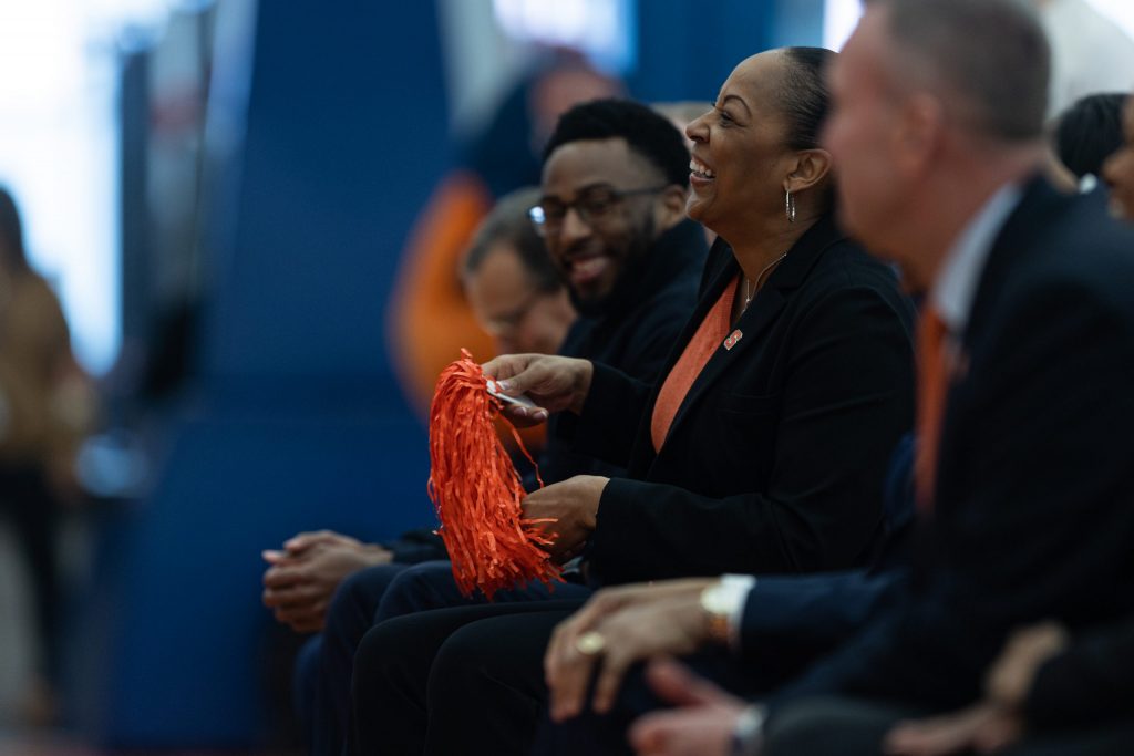 Felisha Legette-Jack laughs prior to being offcially announced as the new Syracuse women's basketball head coach in the Melo Center on March 28th, 2022.