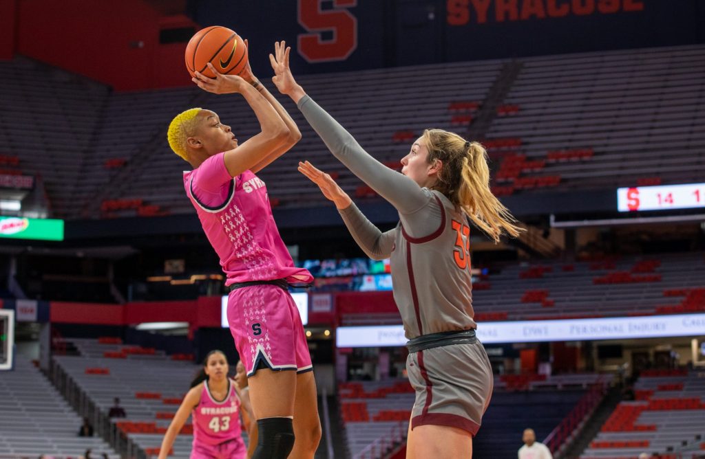 Syracuse's Alaysia Styles goes up for a shot as Virginia Tech's Elizabeth Kitley tries to block during an ACC game at the Carrier Dome on Thursday, February 17, 2022.