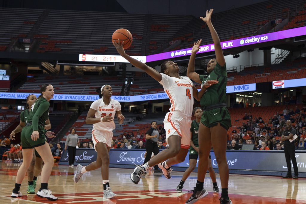 Syracuse's Teisha Hymen drives to the basket versus Wagner on December 11, 2022.