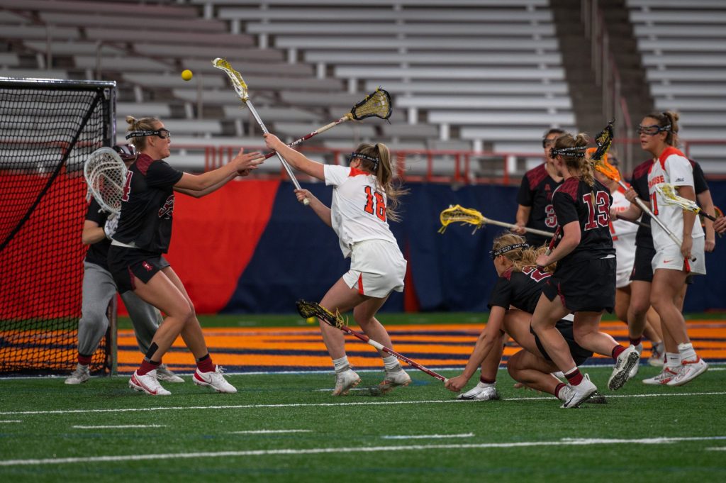 Meaghan Tyrrell (No. 18) shoots on goal during Syracuse women's lacrosse win over Temple on March 26, 2022