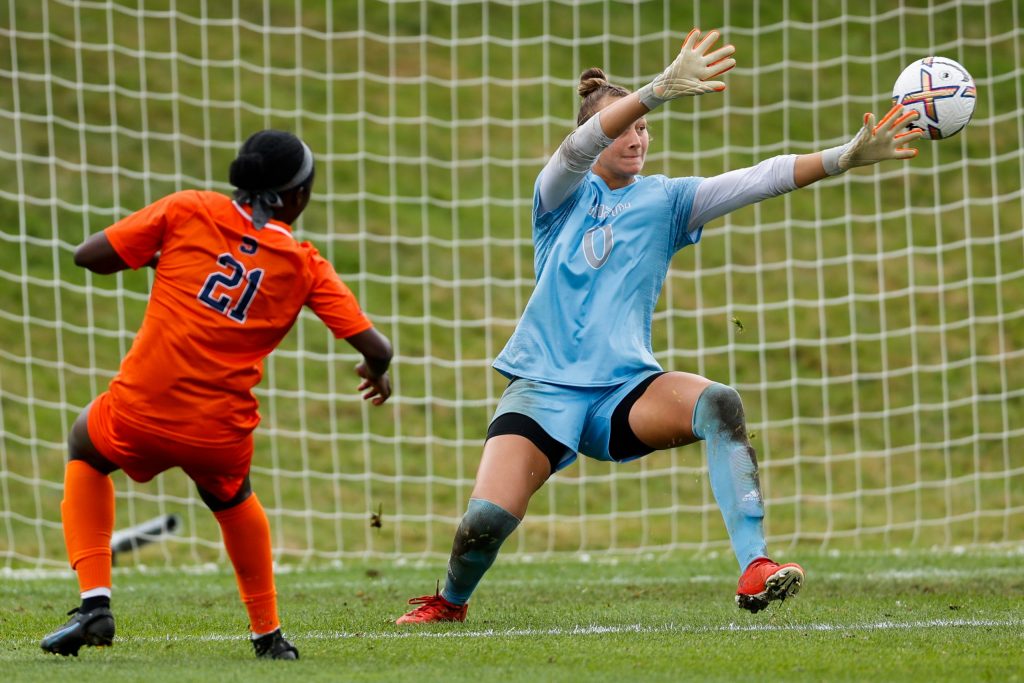 SYRACUSE, NY - SEPTEMBER 25: Chelsea Domond #21 of Syracuse Orange scores the first goal against the Miami Hurricanes at SU Soccer Stadium on September 25, 2022 in Syracuse, New York. (Photo by Isaiah Vazquez)
