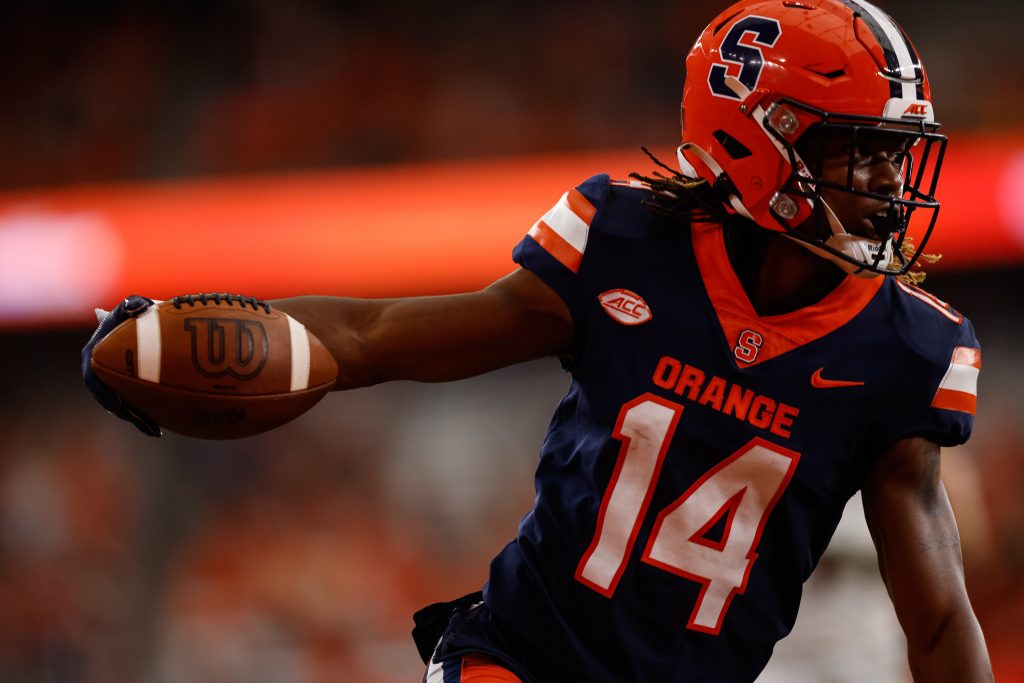 Syracuse's Jeremiah Wilson (14) runs in a touchdown during the season opening game against Colgate on September 2, 2023 at JMA Wireless Dome. Photo by Kayla Breen.