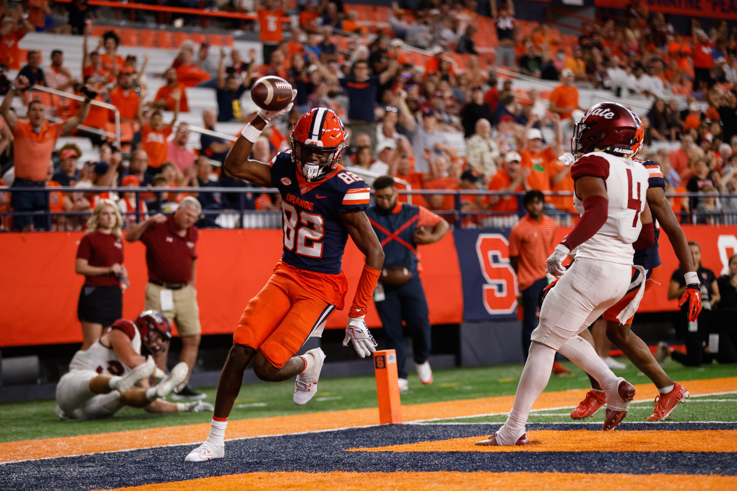 Syracuse's Darrell Gill Jr. (82) celebrates a touchdown during the season opening game against Colgate on September 2, 2023 at JMA Wireless Dome. Photo by Kayla Breen.