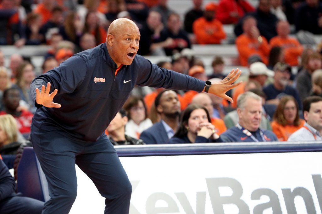 Head Coach Adrian Autry of the Syracuse Orange reacts during the second half against the New Hampshire Wildcats at JMA Wireless Dome on November 06, 2023 in Syracuse, New York.