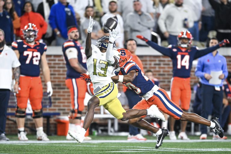 Georgia Tech wide receiver Eric Singleton Jr. (13) attempts to catch a pass during the college football game between the Syracuse Orange and the Georgia Tech Yellow Jackets on November 18th, 2023 at Bobby Dodd Stadium in Atlanta, GA.