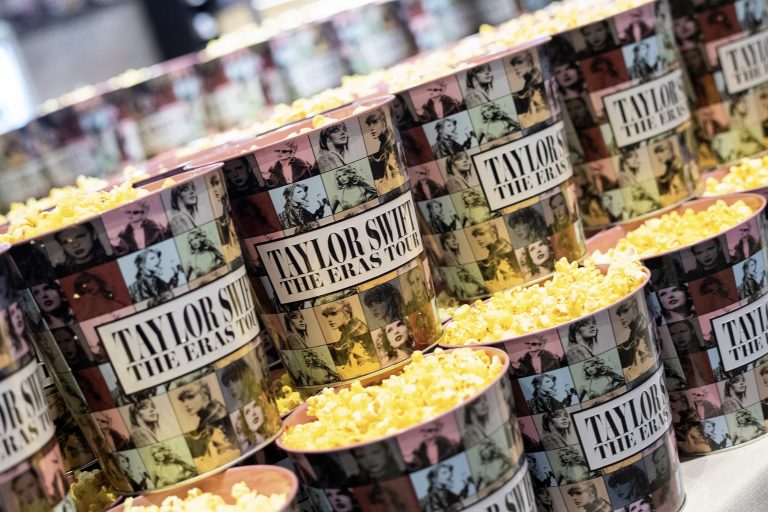 Popcorn buckets are pictured during the "Taylor Swift: The Eras Tour" concert movie world premiere at AMC The Grove in Los Angeles, California on October 11, 2023. (Photo by VALERIE MACON / AFP) (Photo by VALERIE MACON/AFP via Getty Images)