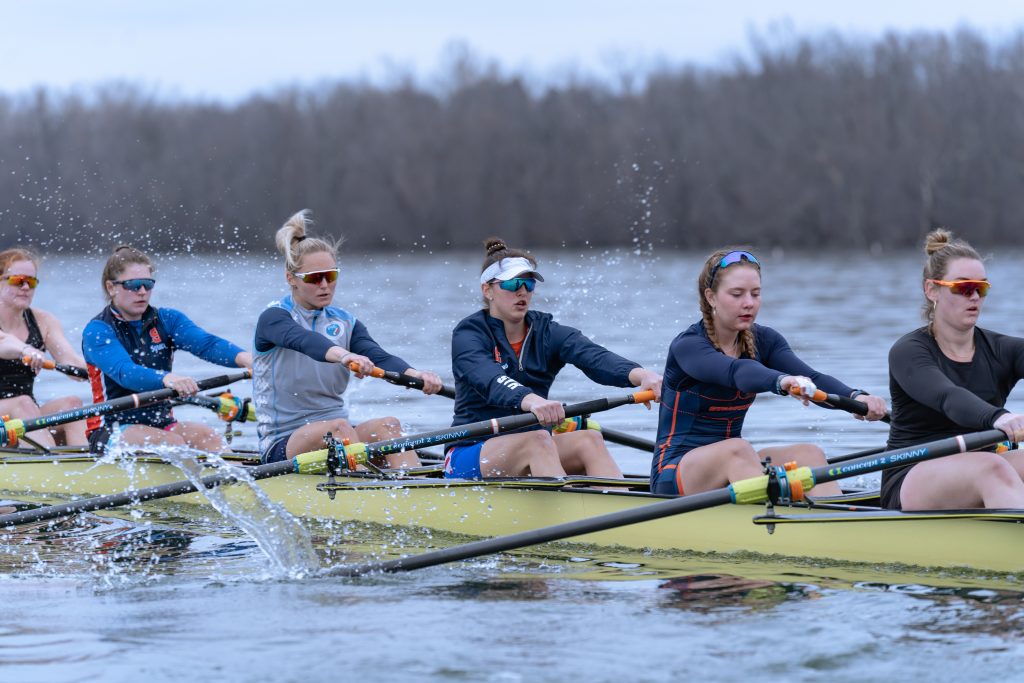 Syracuse Rower Izebela Krakic (center) trains on the water with her teammates.