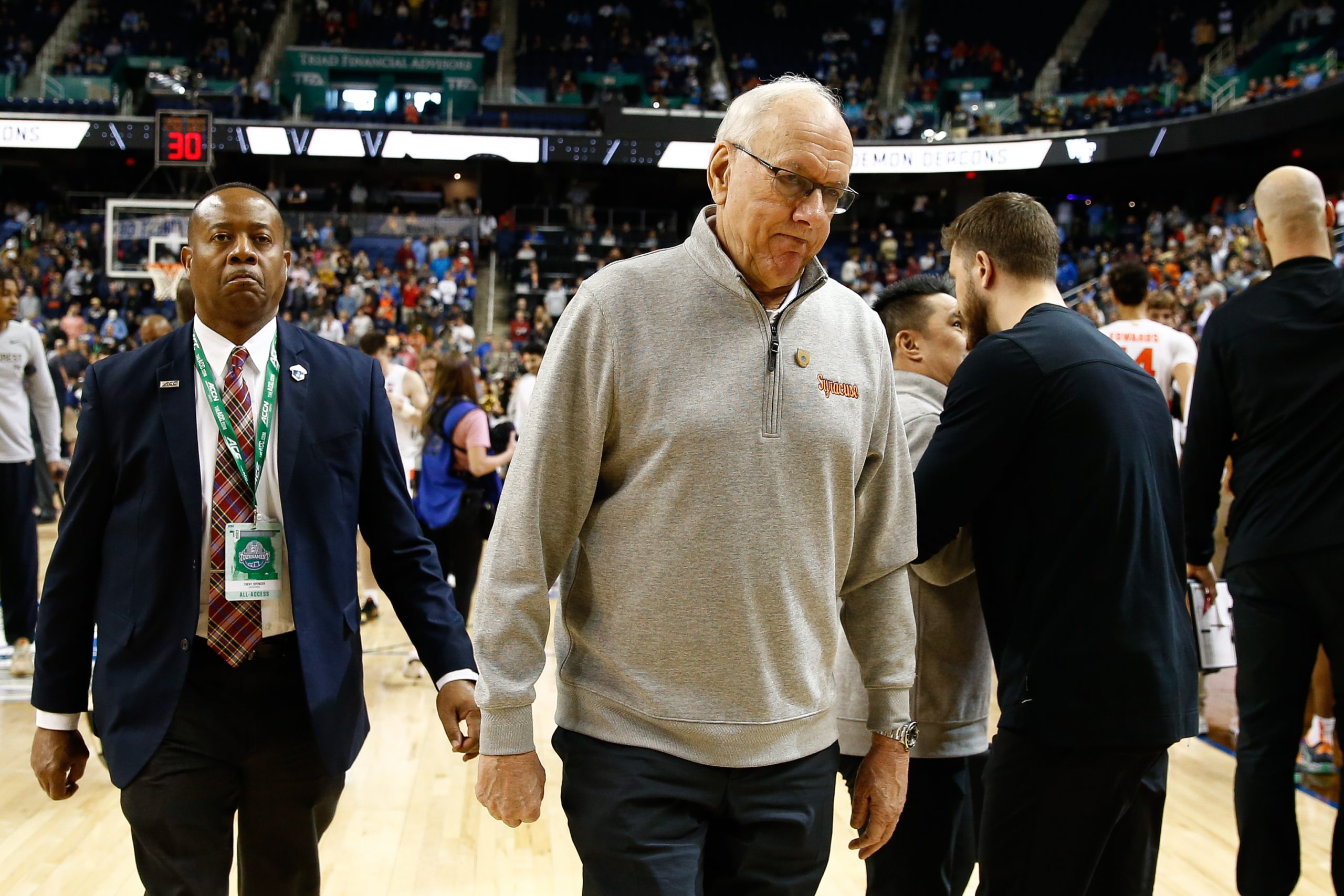 GREENSBORO, NC - MARCH 08: Head coach Jim Boeheim of the Syracuse Orange walks off the court after the loss to Wake Forest Demon Deacons at Greensboro Coliseum on March 8, 2023 in Greensboro, North Carolina. (Photo by Isaiah Vazquez/The Newshouse)