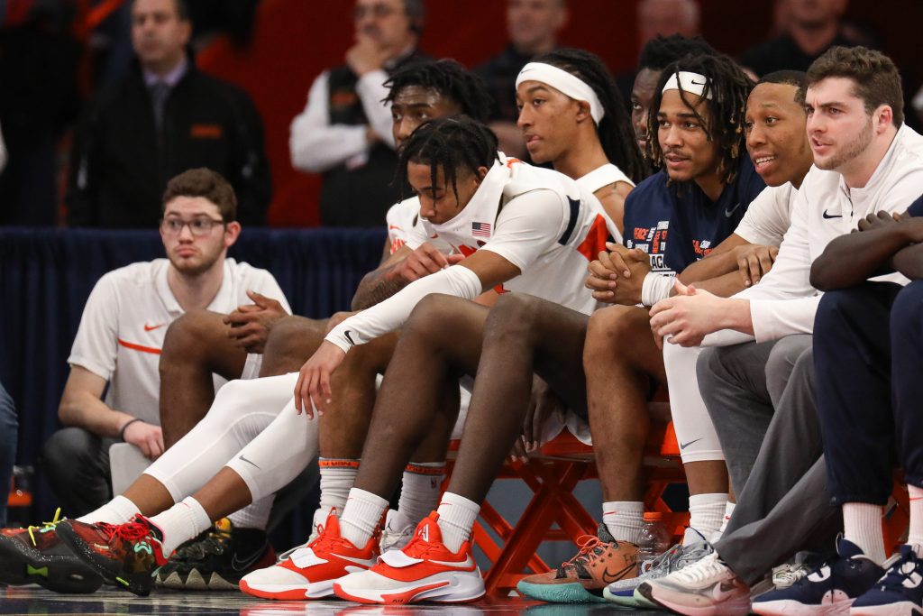Syracuse guard Judah Mintz sits on the bench before losing to Georgia Tech by more than 20 points during an ACC men's basketball game on Tuesday, February 28, 2023, at JMA Wireless Dome.