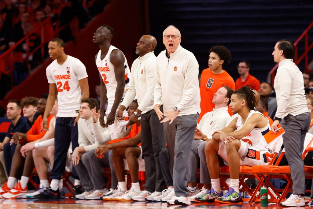 The Syracuse bench reacts to a missed call during an ACC basketball game against Notre Dame Saturday at JMA Wireless Dome.