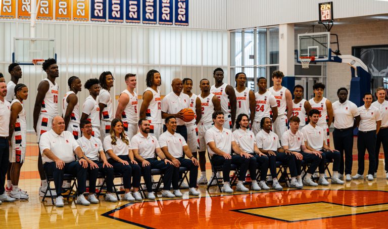 Syracuse men's basketball team players gather for a group photo during the Syracuse men's basketball media day on Oct. 13, 2023, at the Melo Center.
