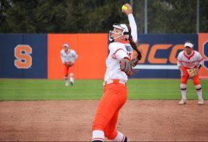 Syracuse's Madison Knight (#27) pitches in the game against University of Virginia.